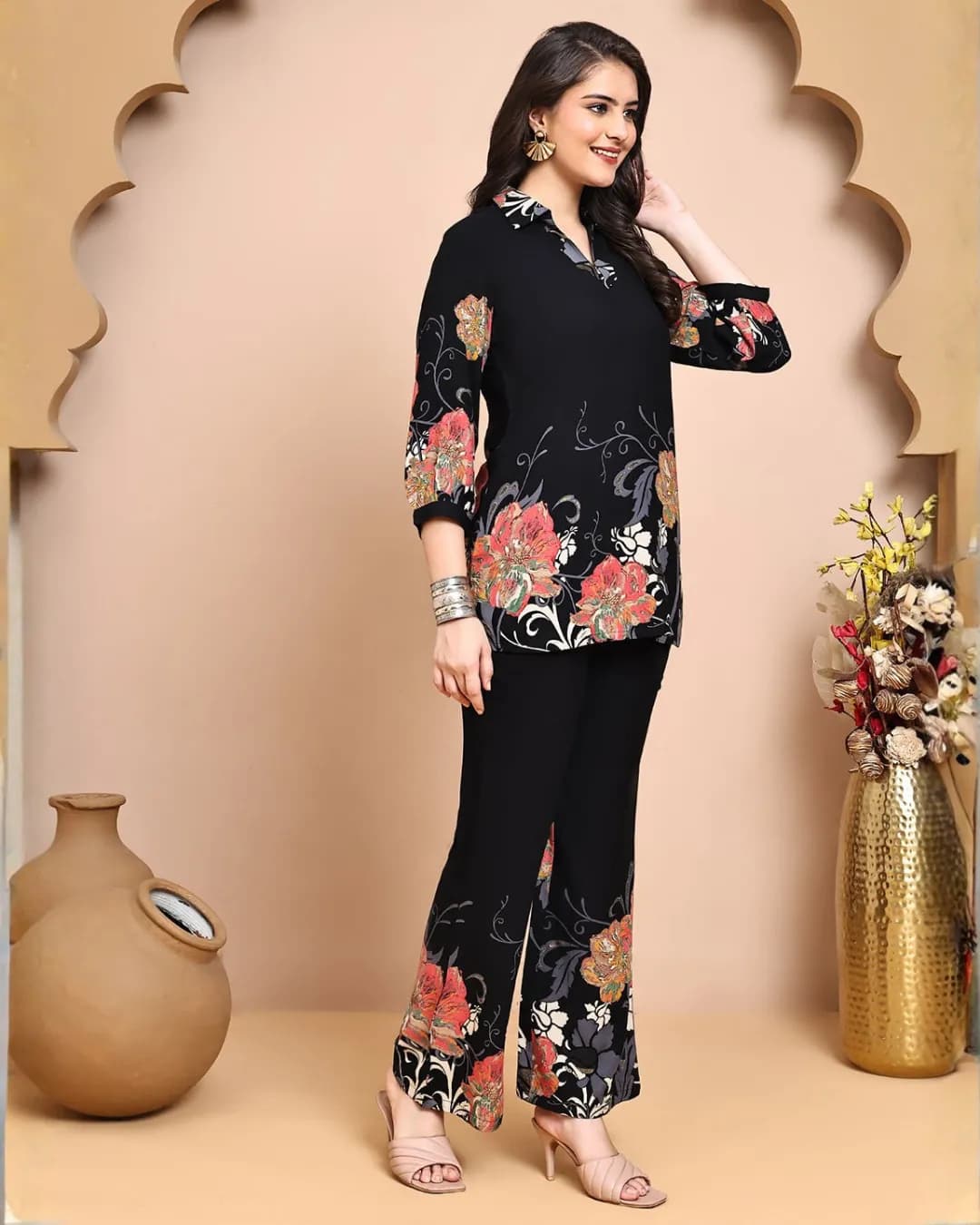 Black Floral Chanderi Co-Ord Set with Shirt Collar alternate view