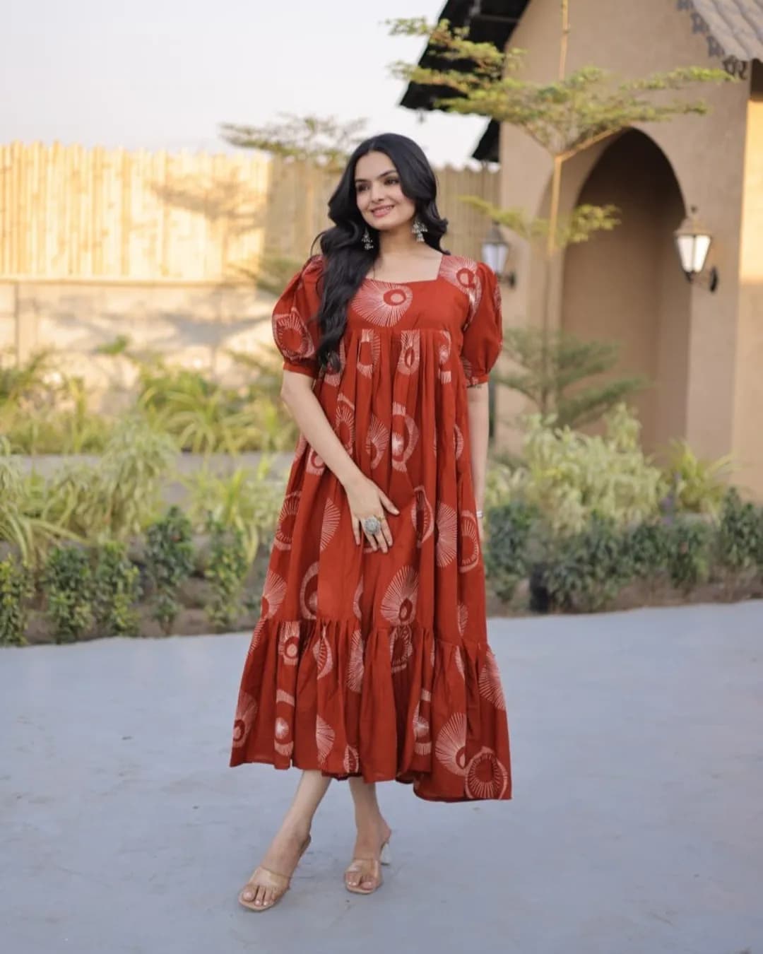 Premium Printed Cotton Gown with Puff Sleeves & Square Neck