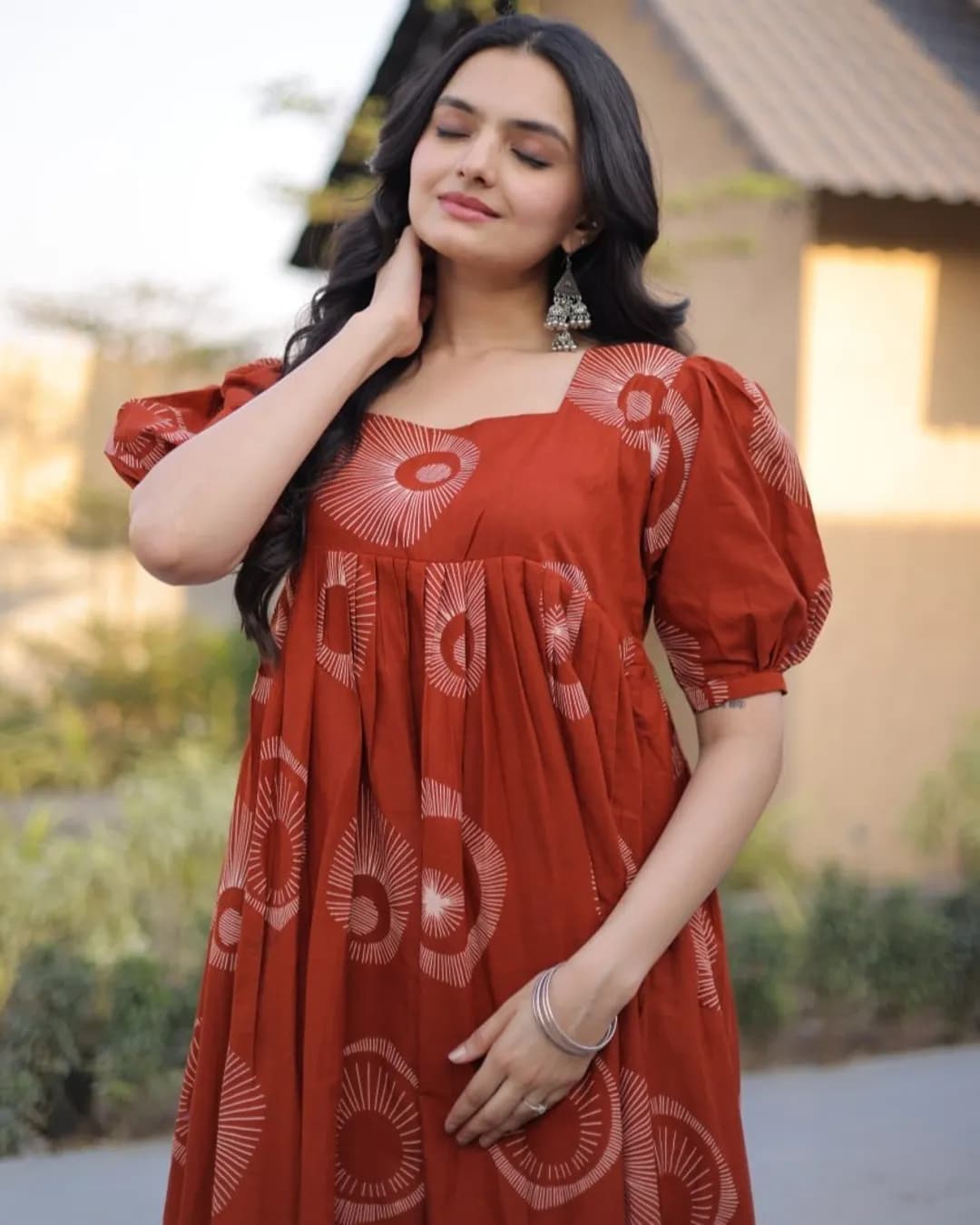 Premium Printed Cotton Gown with Puff Sleeves & Square Neck alternate view
