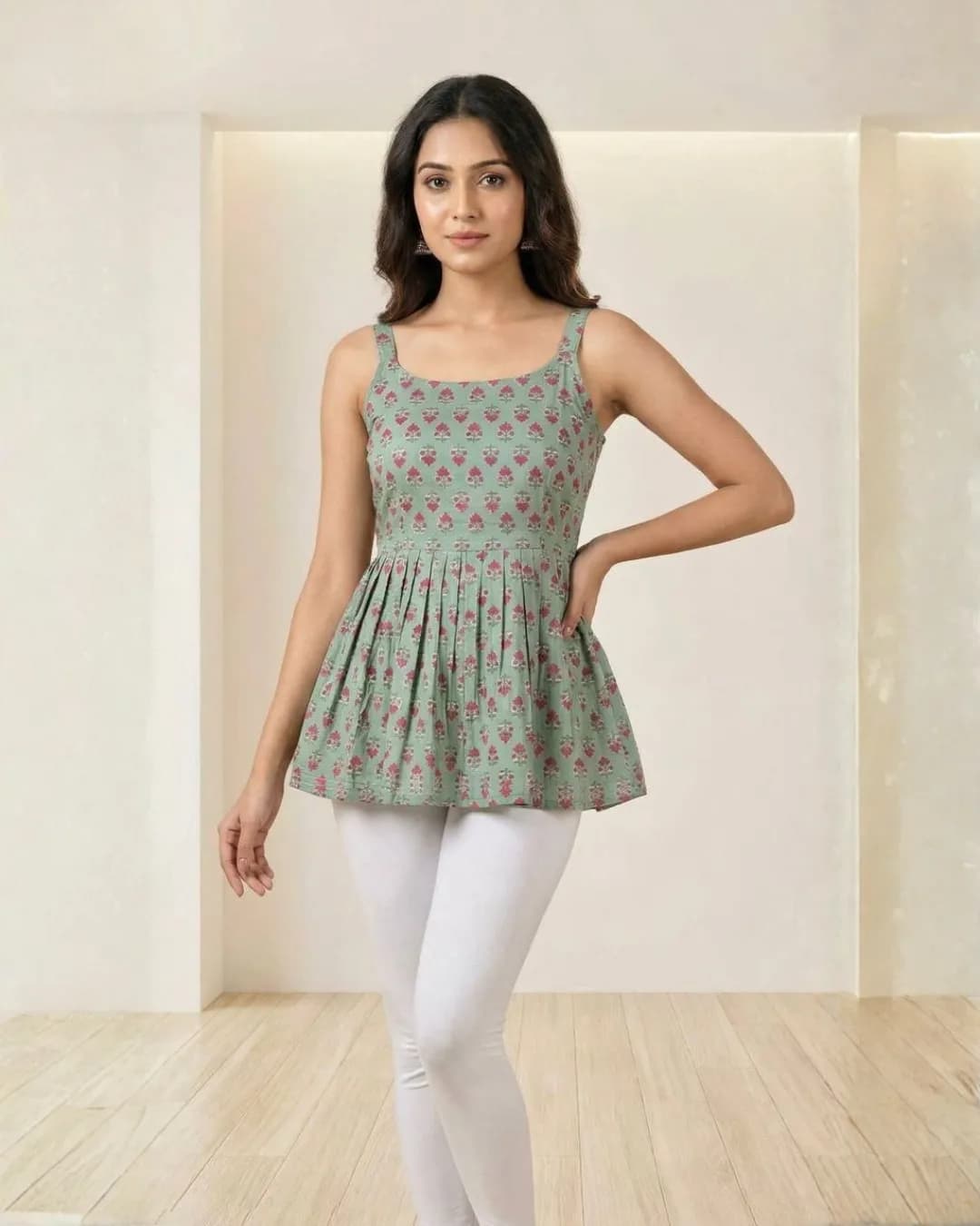 Summer Cotton Printed Short Tops with Back Belt Detail alternate view