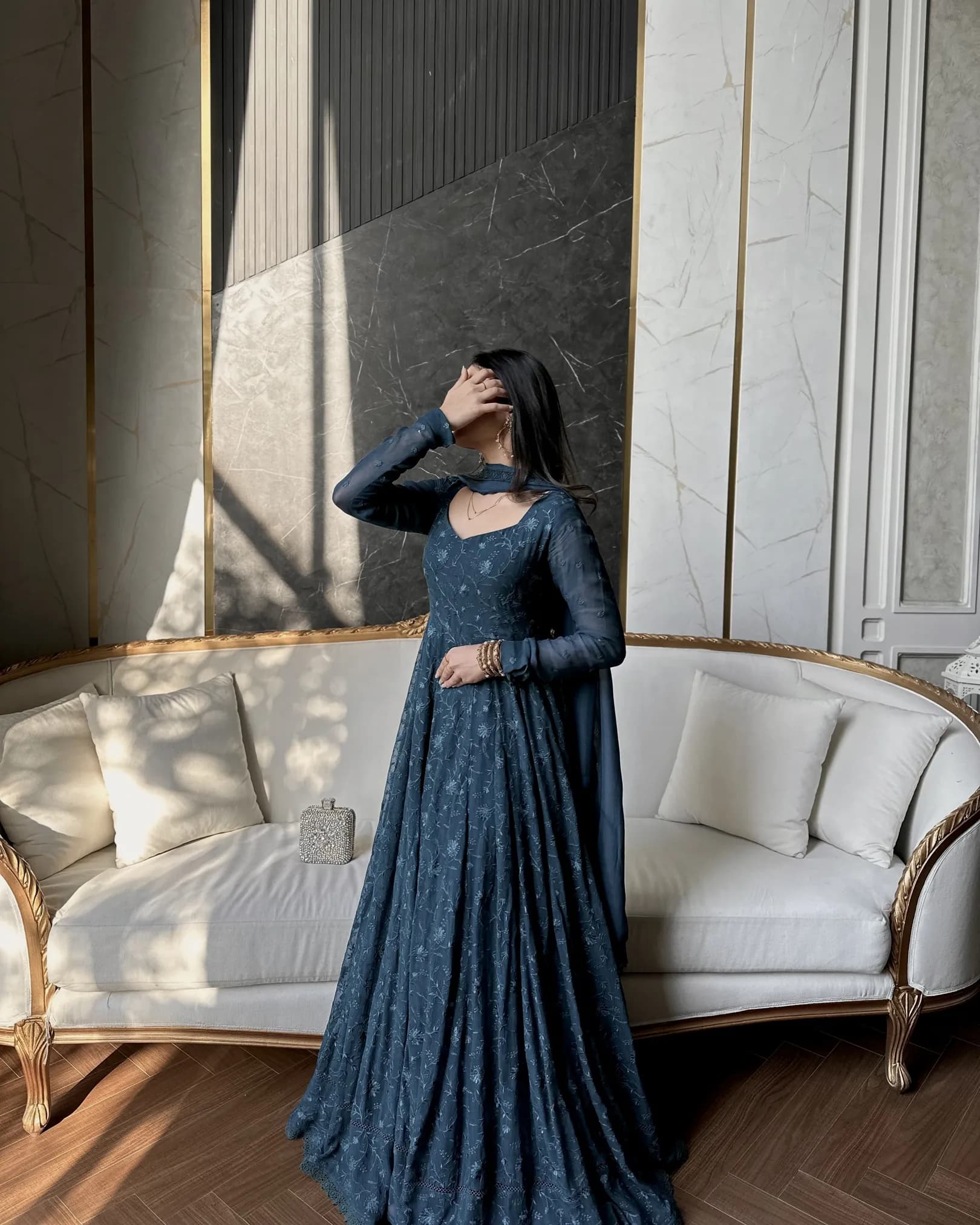 Stylish Star Georgette Gown with Embroidered Work & Dupatta