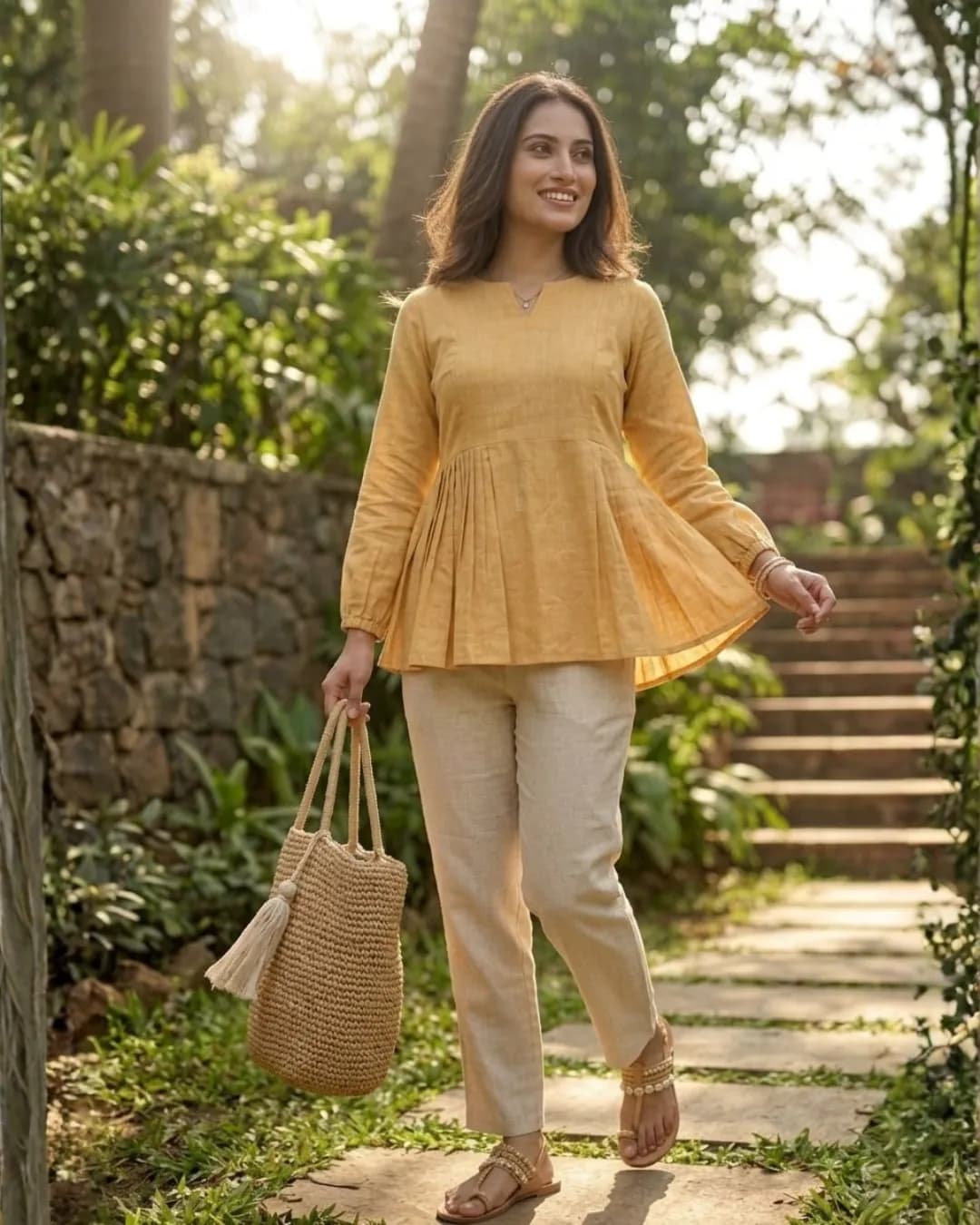 Linen Cotton Top Pant Set with Frill Stitch & Full Sleeves