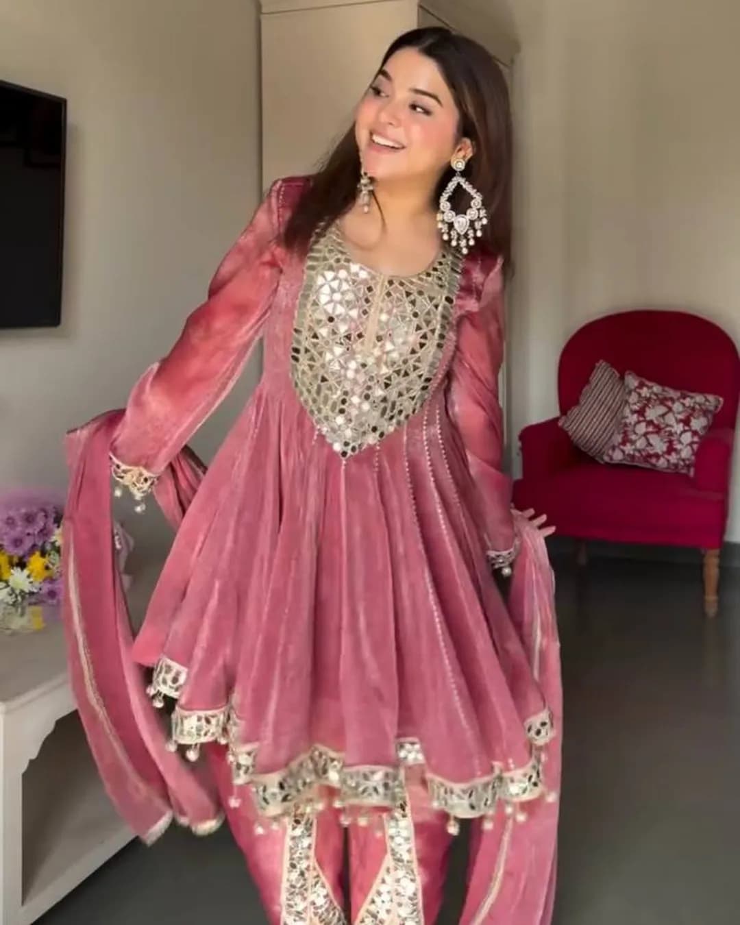 Gold Crush Thread & Real Mirror Work Top with Dhoti & Dupatta Set