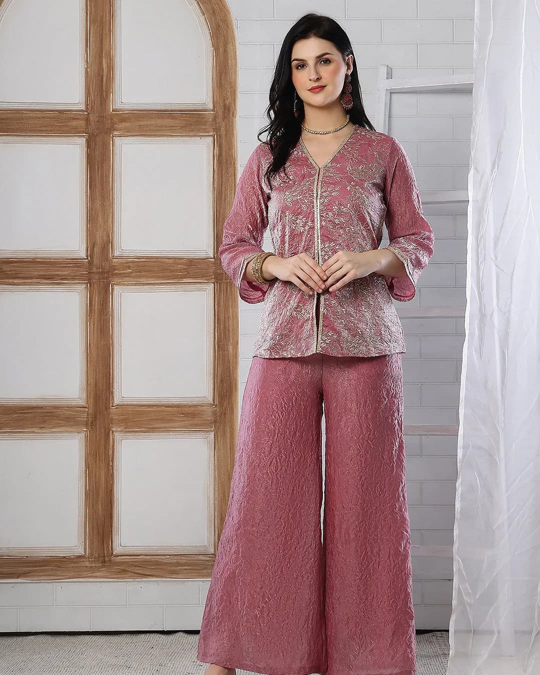 Elegant Embroidered V-Neck Tunic with Palazzo Set alternate view
