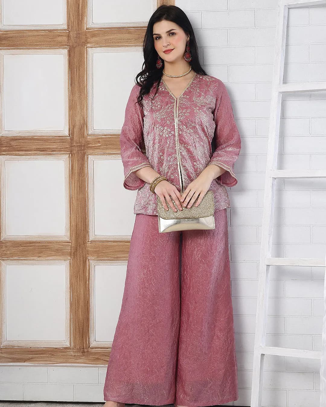 Elegant Embroidered V-Neck Tunic with Palazzo Set