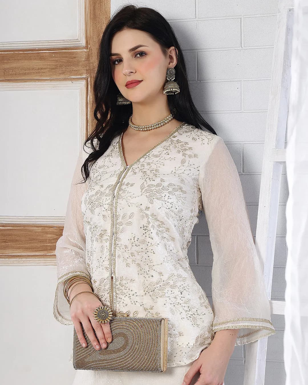 Elegant Embroidered V-Neck Tunic with Palazzo Set alternate view