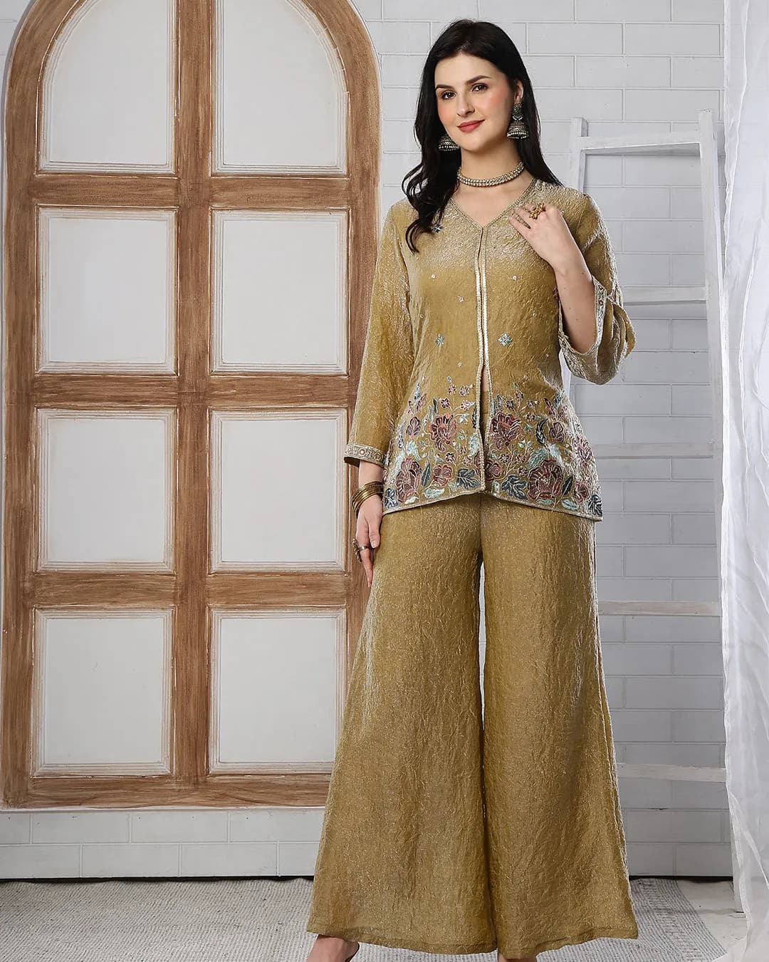 Gold Embroidered V-Neck Tunic with Flowy Palazzo Set for Women