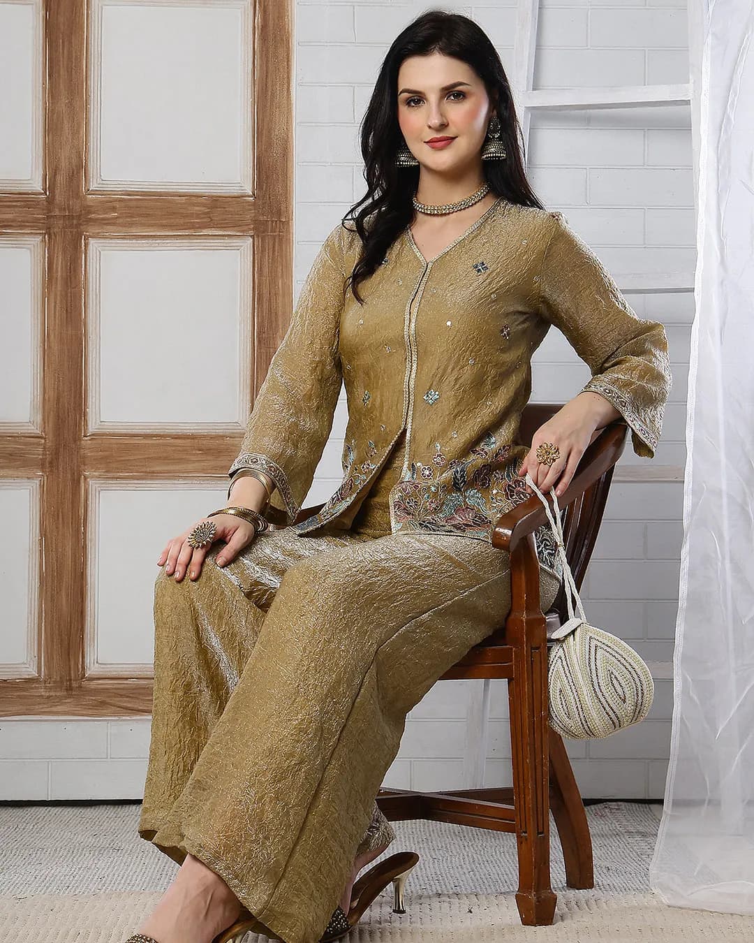 Gold Embroidered V-Neck Tunic with Flowy Palazzo Set for Women alternate view