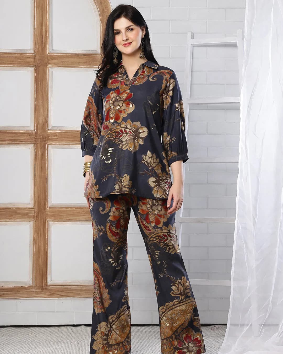 Floral Printed Silk Blend Co-Ord Set for Women with Tunic & Trousers