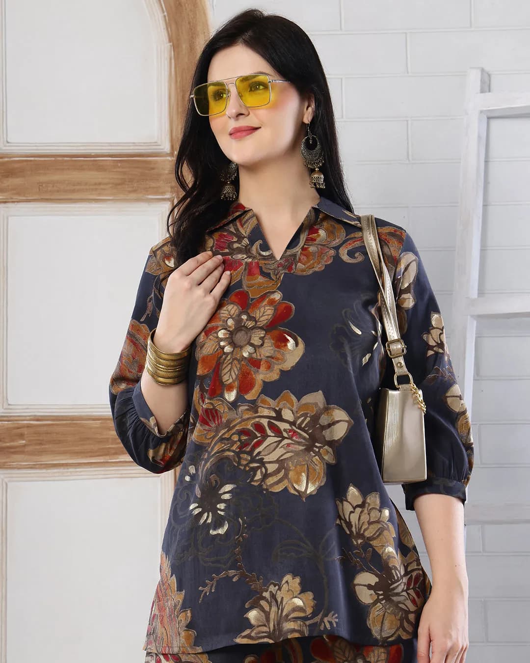 Floral Printed Silk Blend Co-Ord Set for Women with Tunic & Trousers alternate view