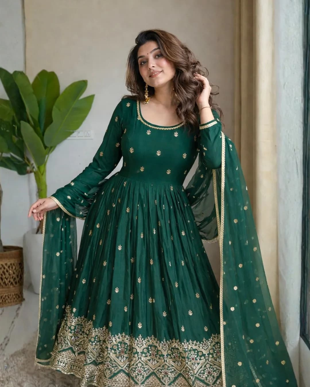 Designer Chinon Silk Embroidered Sequence Work Gown with Pent & Dupatta Set alternate view