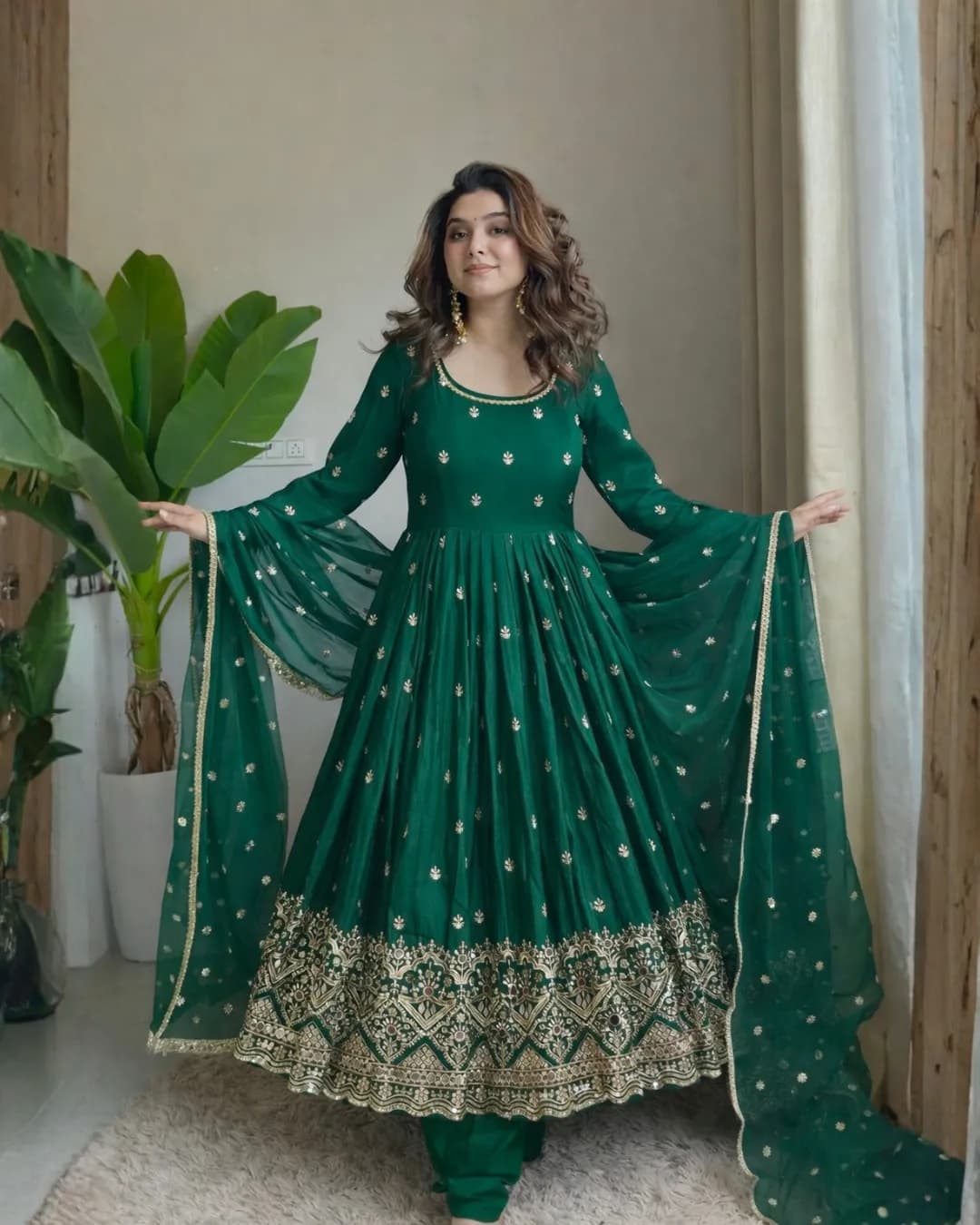 Designer Chinon Silk Embroidered Sequence Work Gown with Pent & Dupatta Set