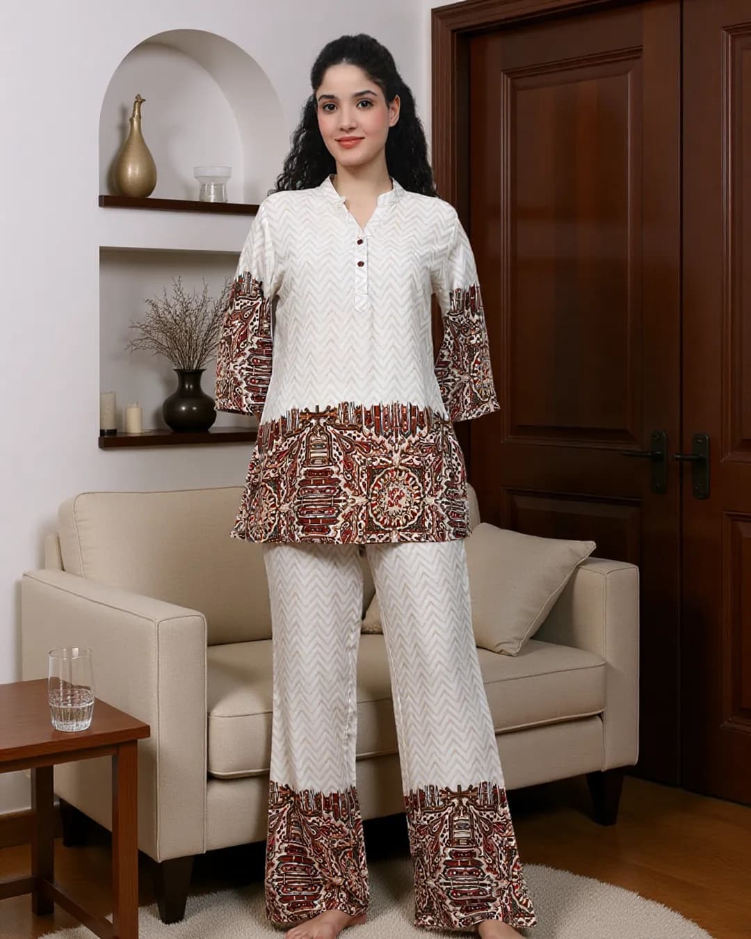 White Chanderi Abstract Printed Co-Ord Set for Women with Mandarin Collar
