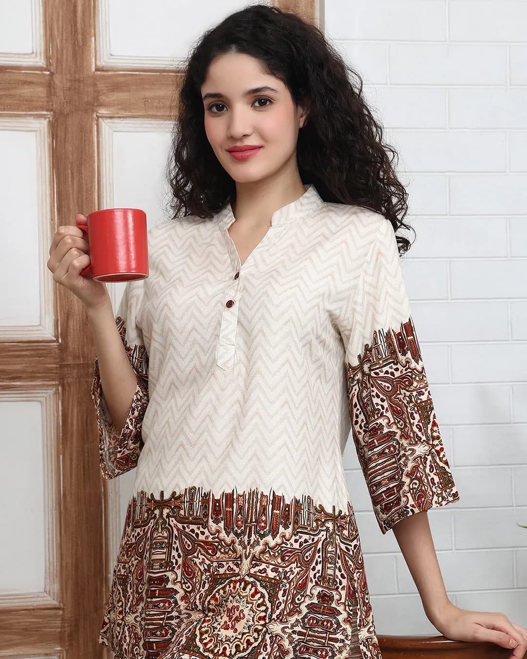 White Chanderi Abstract Printed Co-Ord Set for Women with Mandarin Collar alternate view
