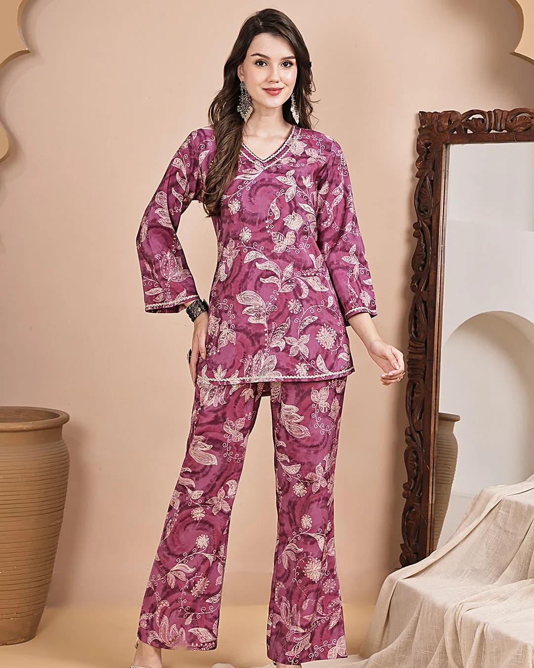 Purple Floral Printed Chanderi Silk Co-Ord Set for Women