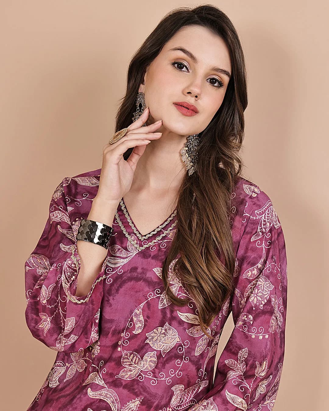 Purple Floral Printed Chanderi Silk Co-Ord Set for Women alternate view