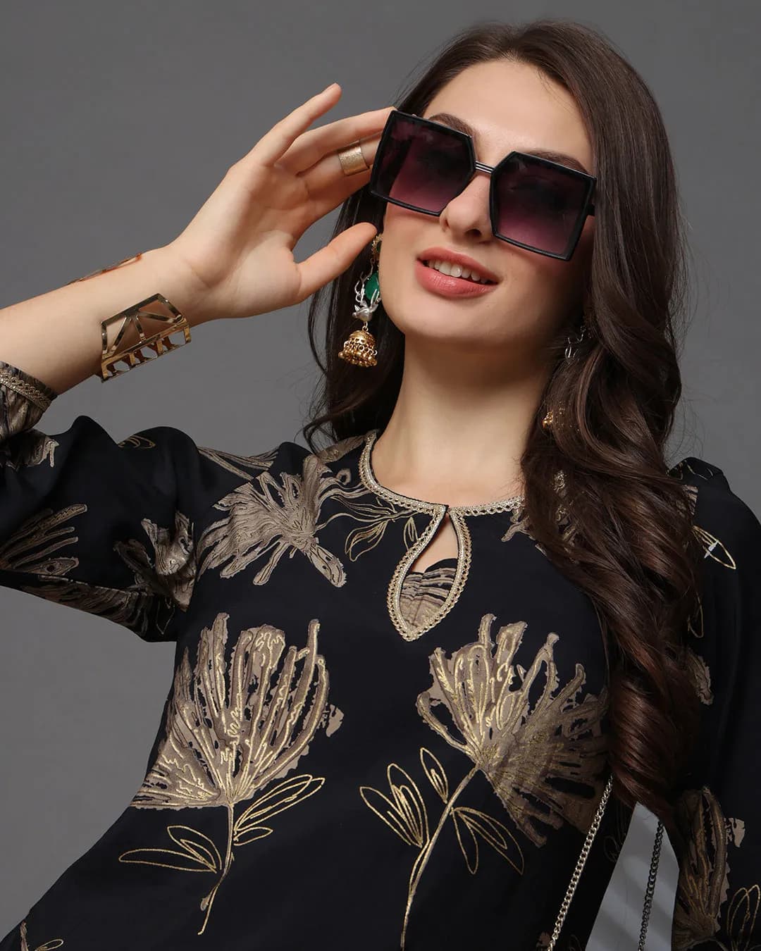 Black Floral Printed Chanderi Silk Co-Ord Set for Women alternate view