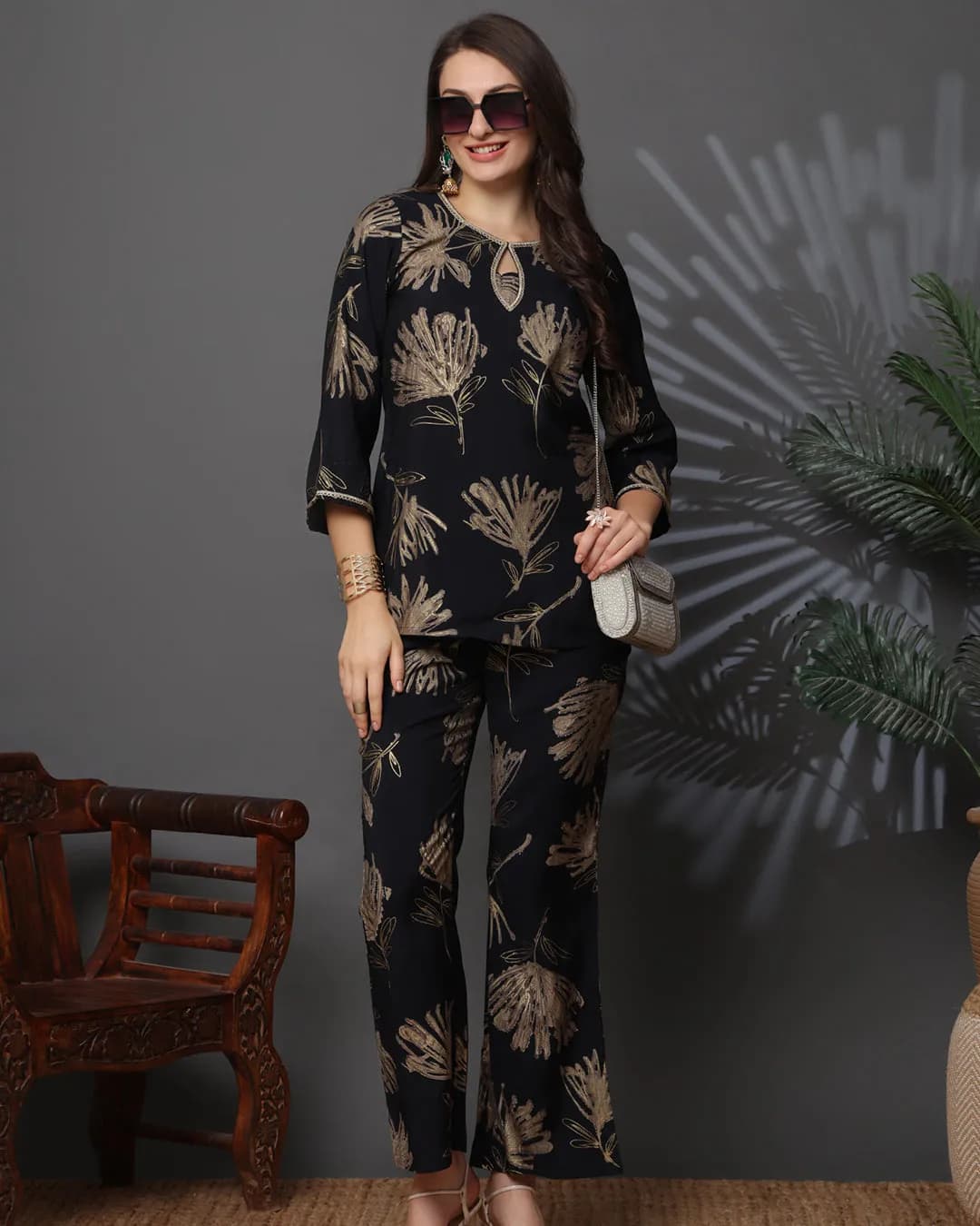 Black Floral Printed Chanderi Silk Co-Ord Set for Women