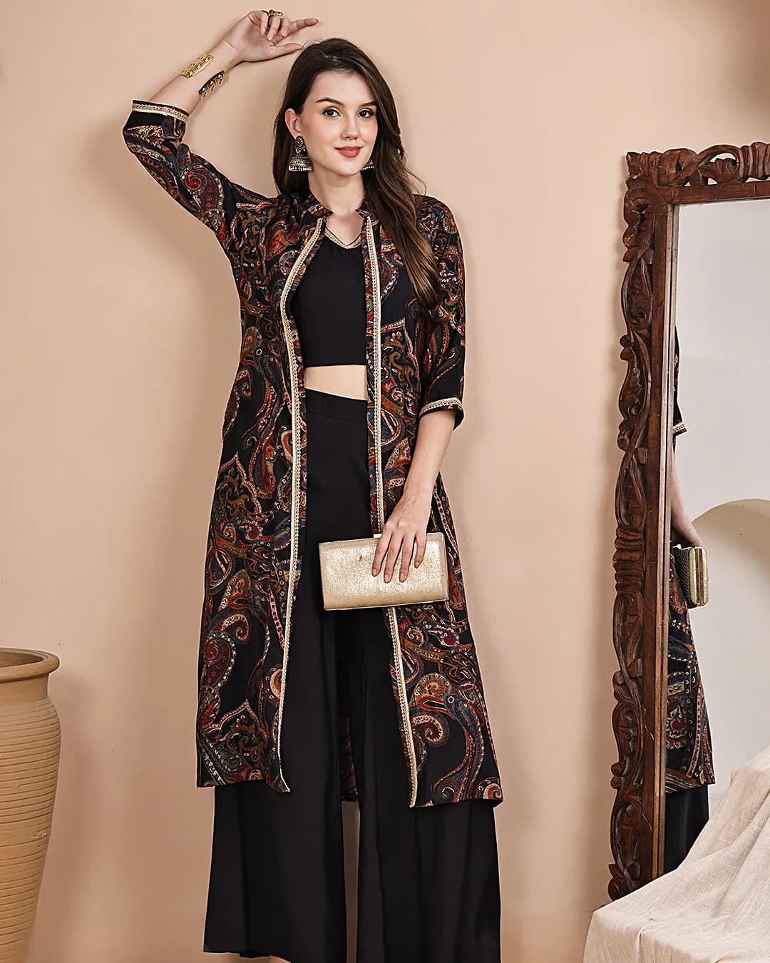 Black Ethnic Printed Chanderi Silk Co-Ord Set for Women