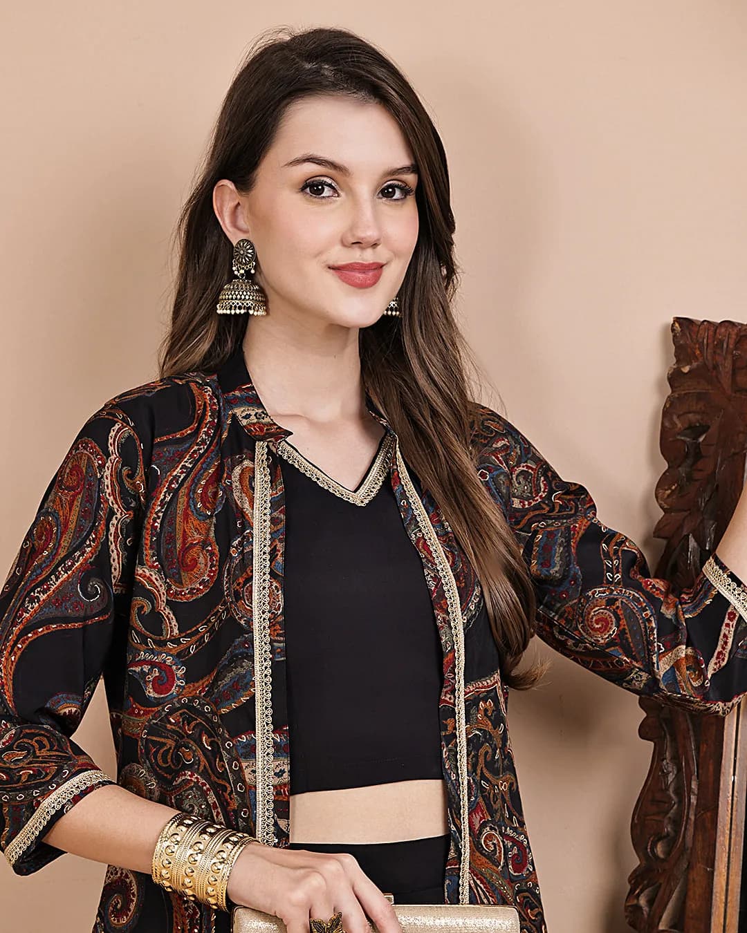 Black Ethnic Printed Chanderi Silk Co-Ord Set for Women alternate view