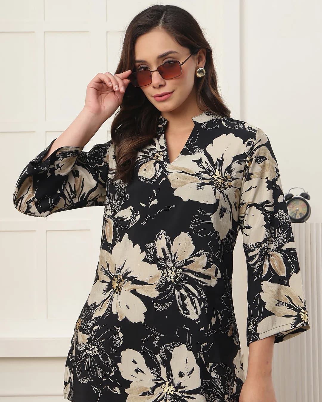 Black Floral Printed Chanderi Silk Shirt Collar Co-Ord Set for Women alternate view