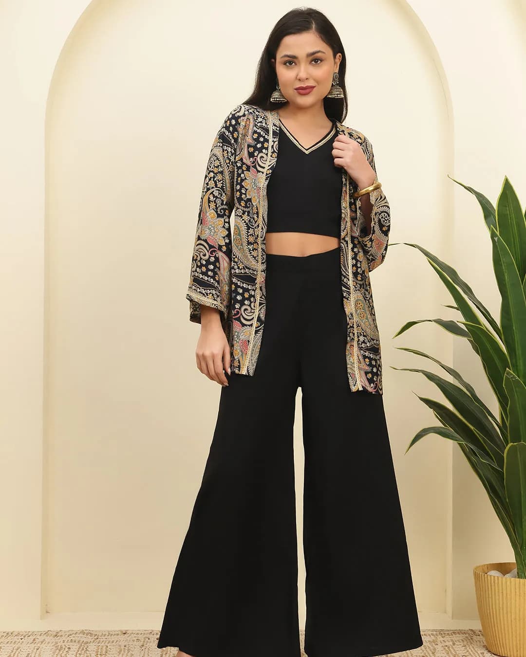 Black Ethnic Printed Chanderi Silk Co-Ord Set with Jacket for Women