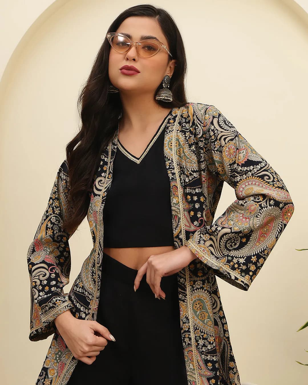 Black Ethnic Printed Chanderi Silk Co-Ord Set with Jacket for Women alternate view