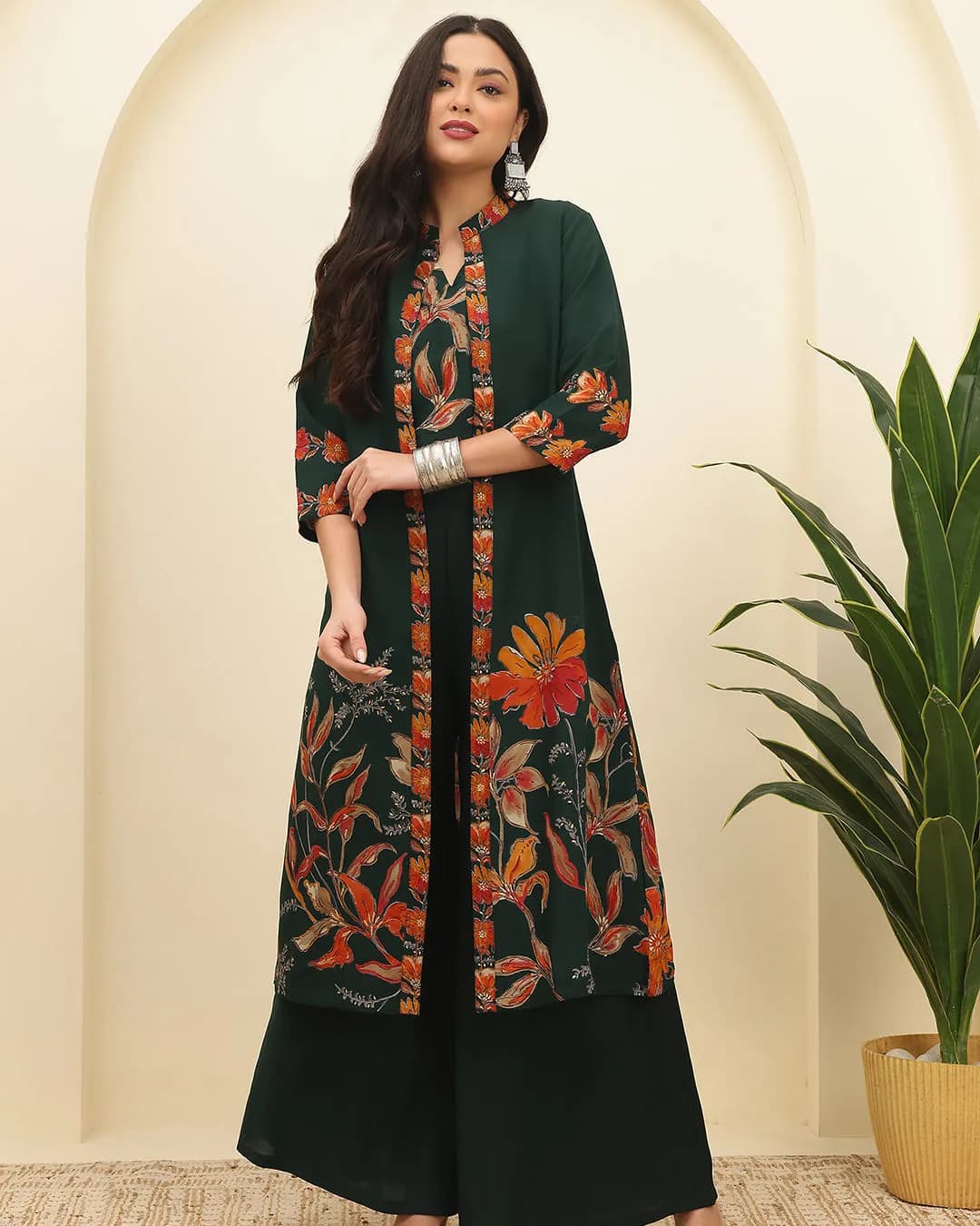Green Floral Printed Chanderi Silk Co-Ord Set for Women