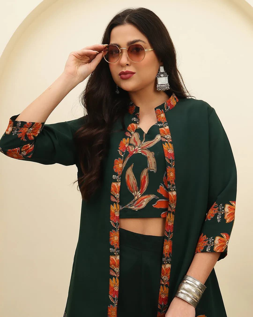 Green Floral Printed Chanderi Silk Co-Ord Set for Women alternate view