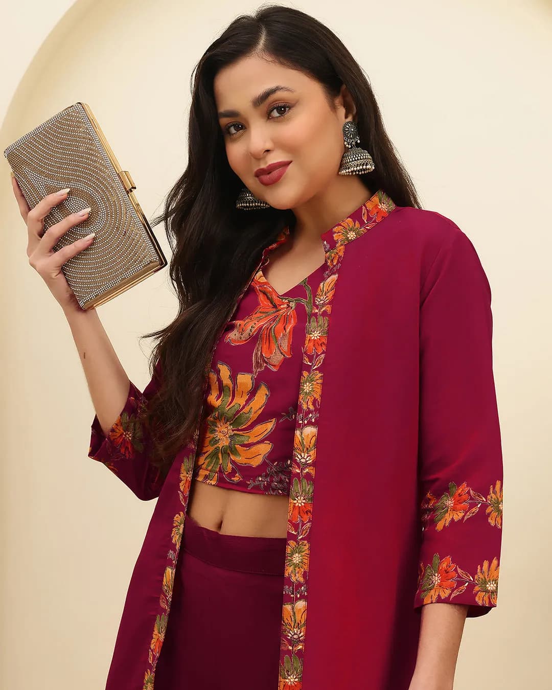 Red Floral Printed Chanderi Silk Co-Ord Set for Women alternate view