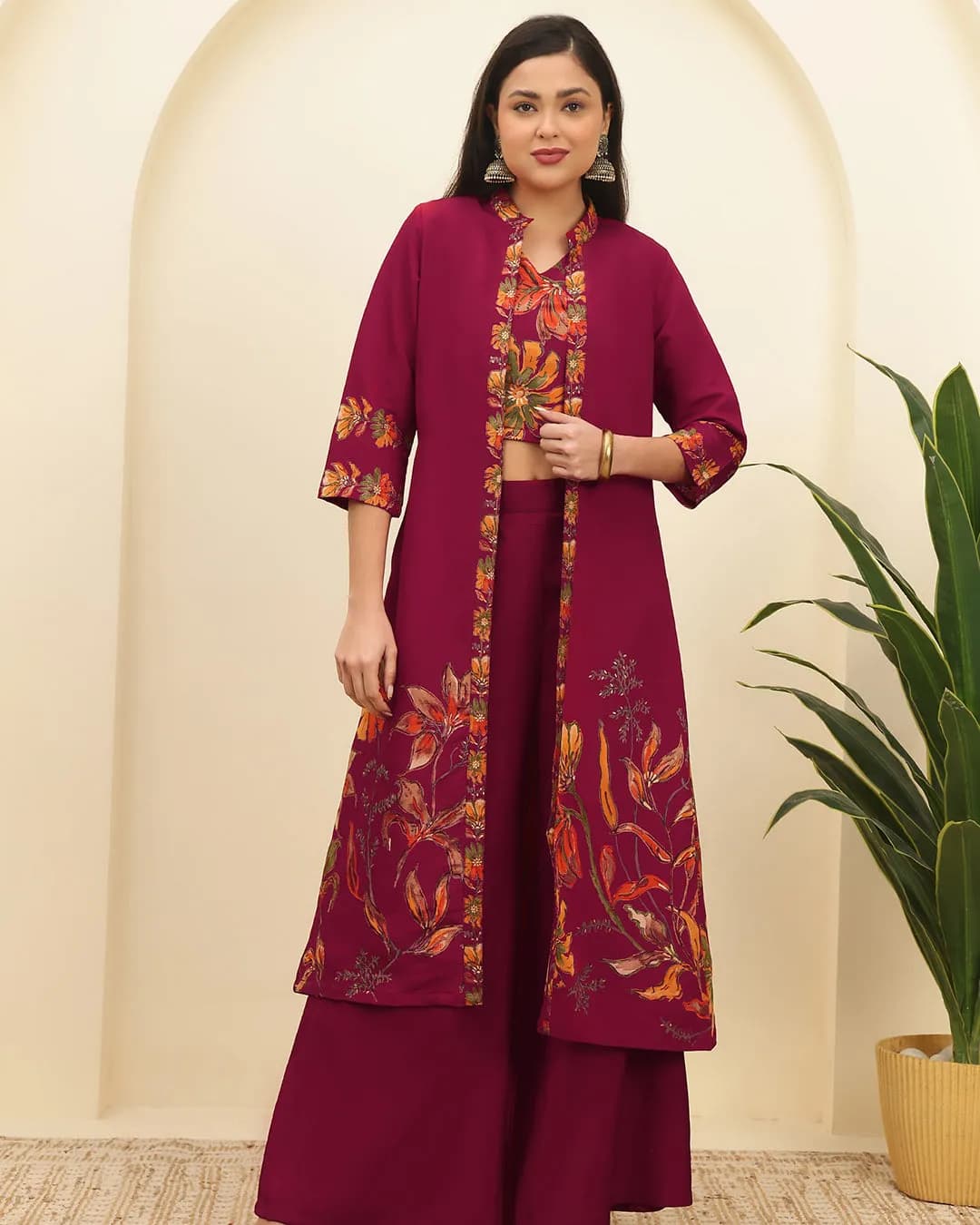 Red Floral Printed Chanderi Silk Co-Ord Set for Women