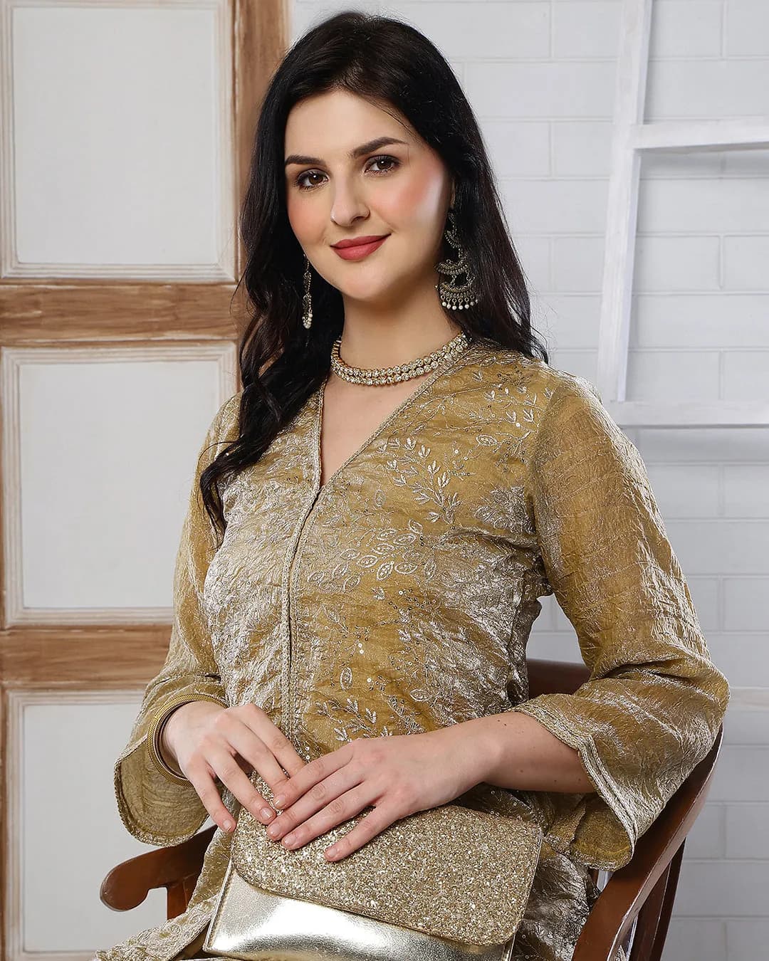 Elegant Gold-Toned Embroidered V-Neck Tunic with Palazzo Set alternate view