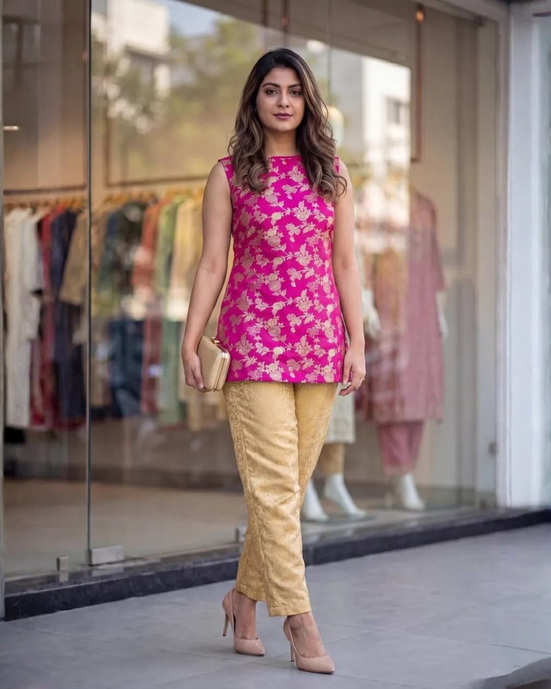 Banarasi Brocade Short Tunic with Pant Set for Women