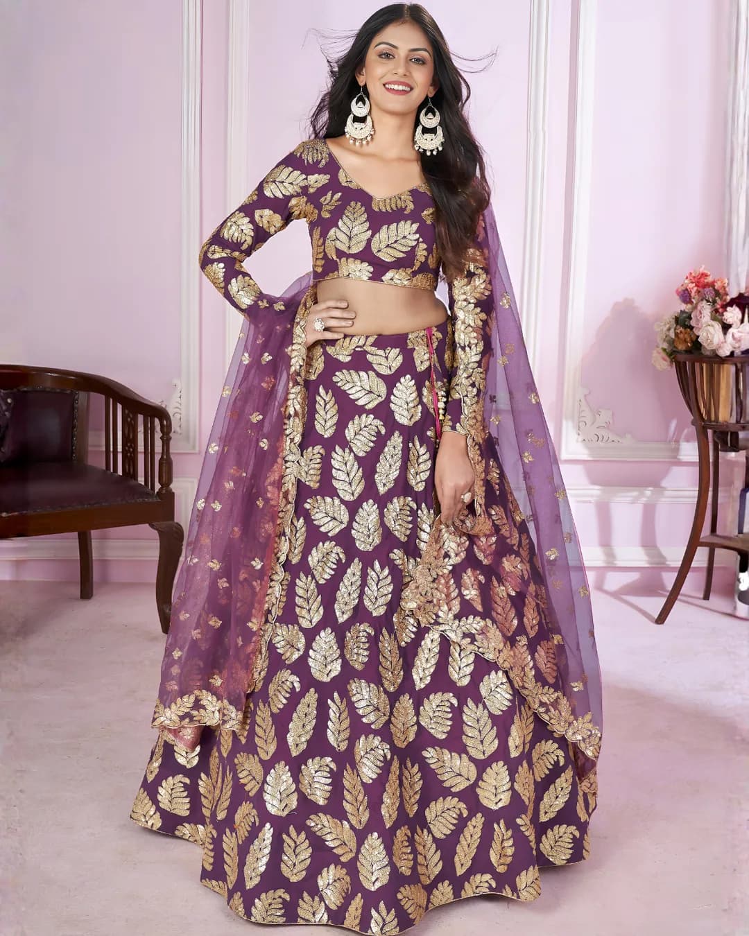 Purple Sequins Leaf Designer Lehenga Choli with Dupatta