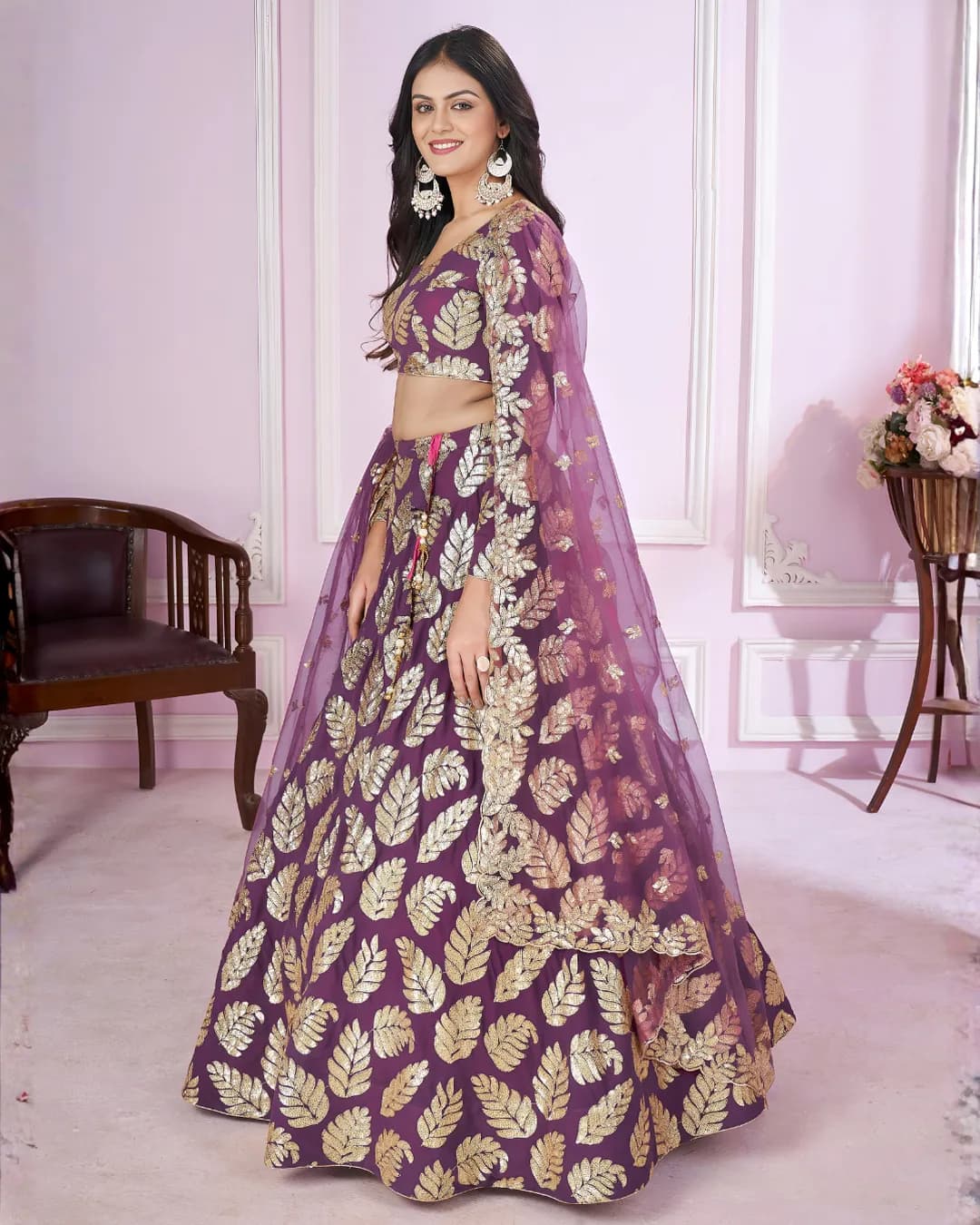 Purple Sequins Leaf Designer Lehenga Choli with Dupatta alternate view