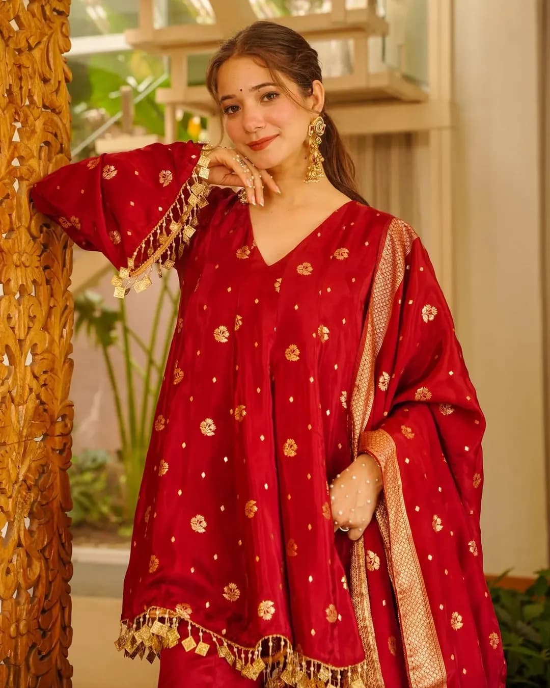 Silk A-Line Kurta with Palazzo & Dupatta Set for Women alternate view
