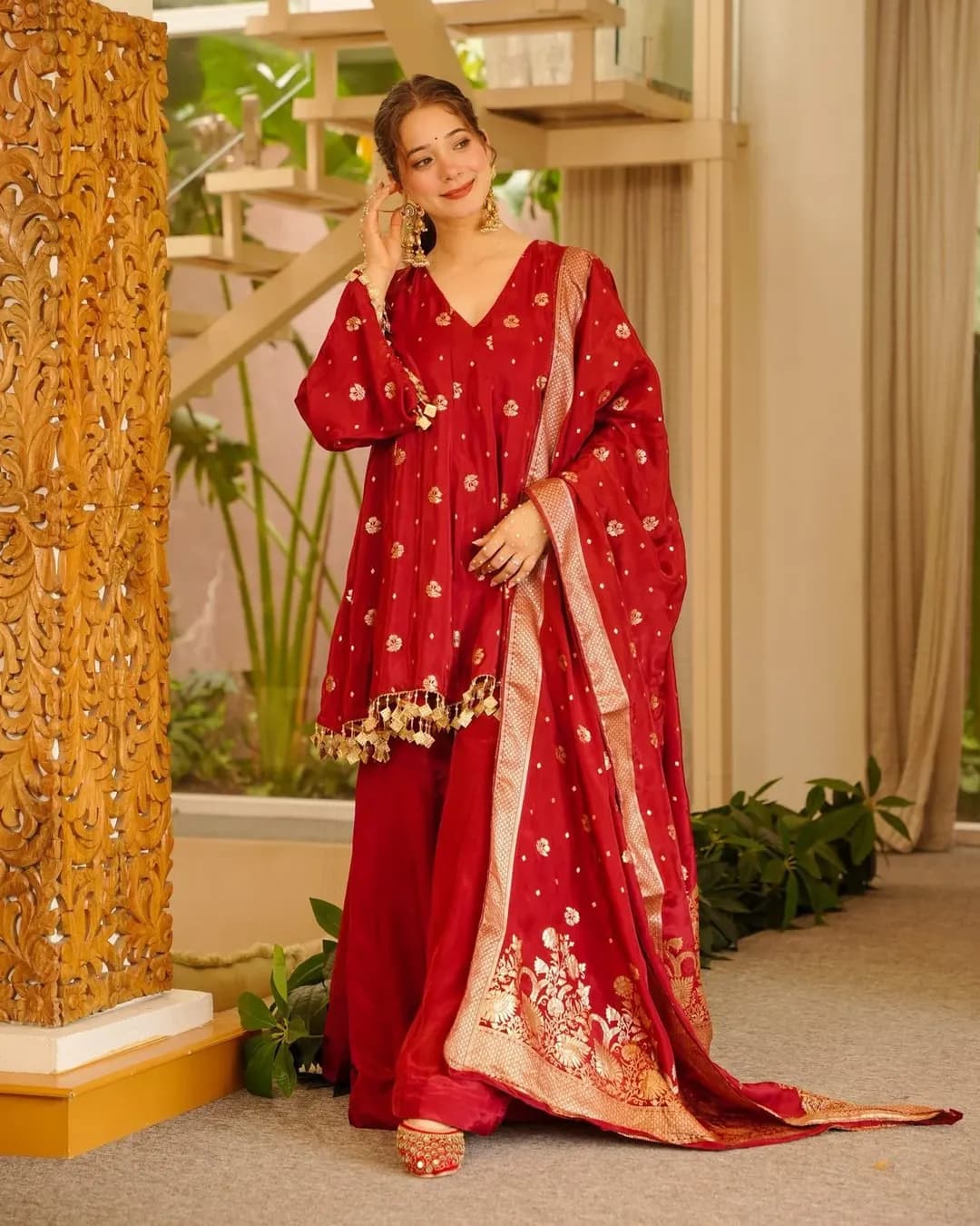Silk A-Line Kurta with Palazzo & Dupatta Set for Women