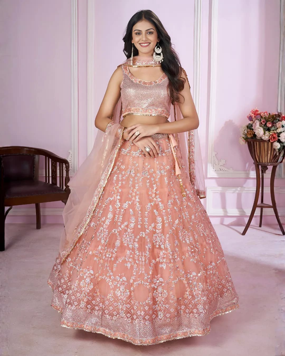 Sequins Leaf Designer Georgette Lehenga Choli with Dupatta