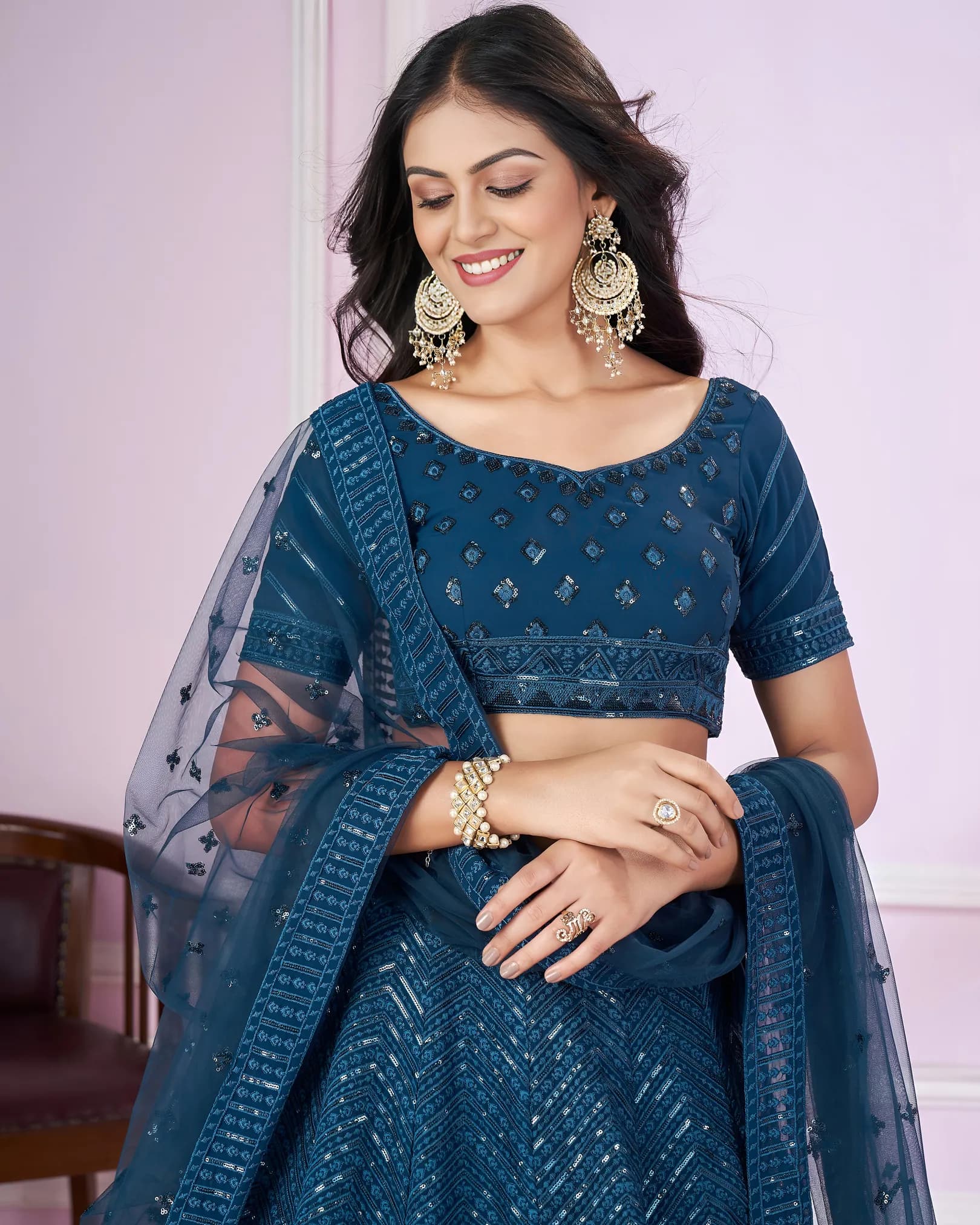 Blue Sequins Leaf Designer Lehenga Choli with Dupatta alternate view