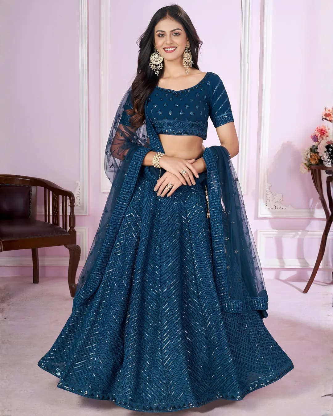 Blue Sequins Leaf Designer Lehenga Choli with Dupatta
