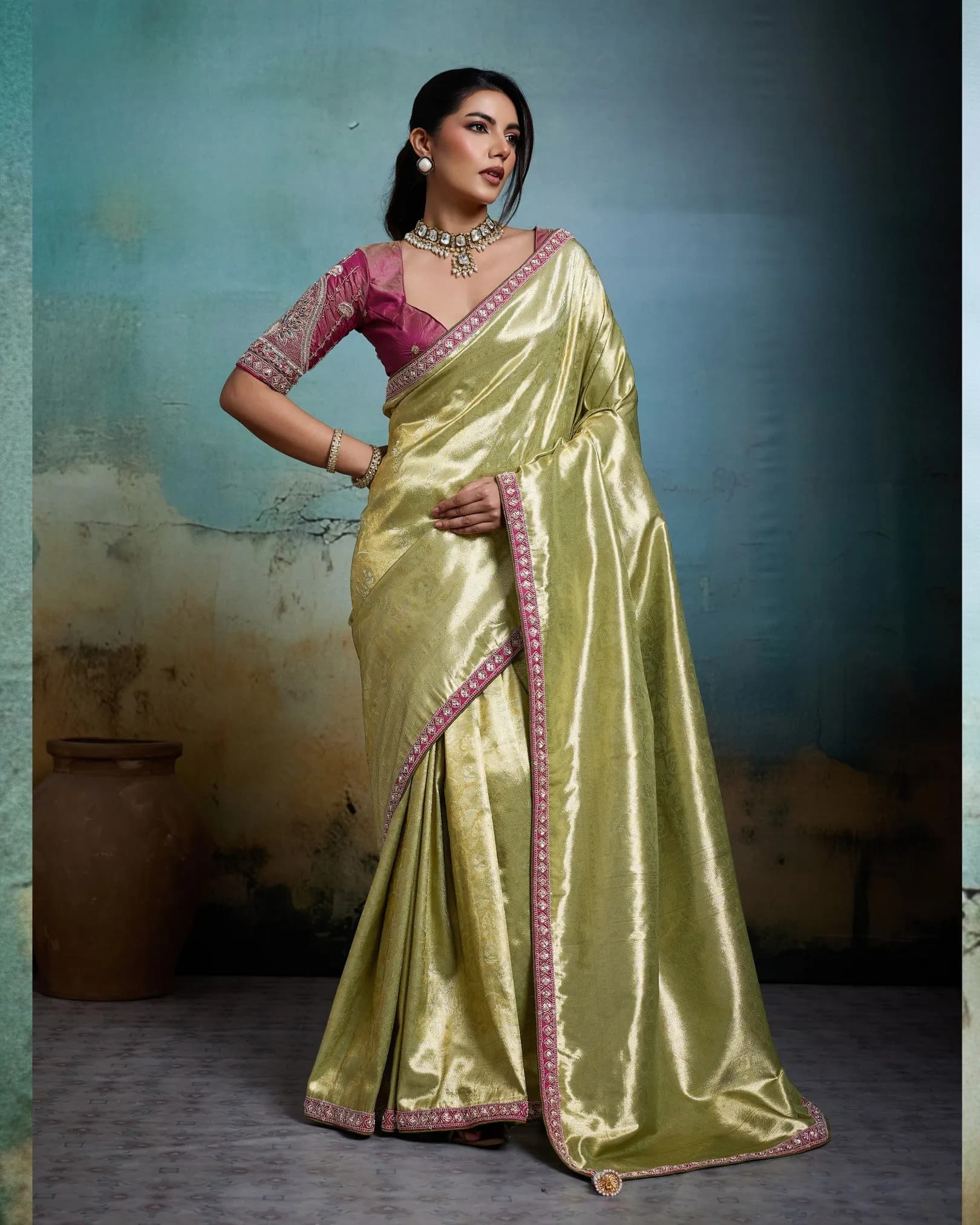 Tissue Banarasi Jacquard Saree with Beads & Sequins Handwork Lace
