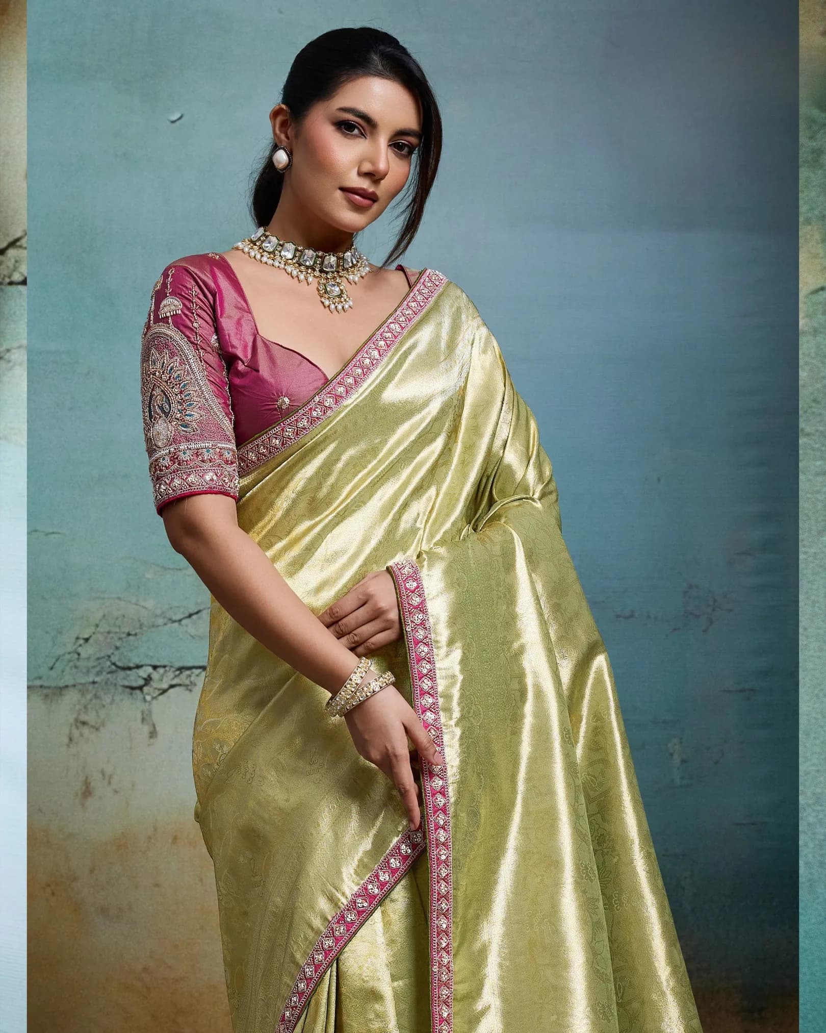 Tissue Banarasi Jacquard Saree with Beads & Sequins Handwork Lace alternate view
