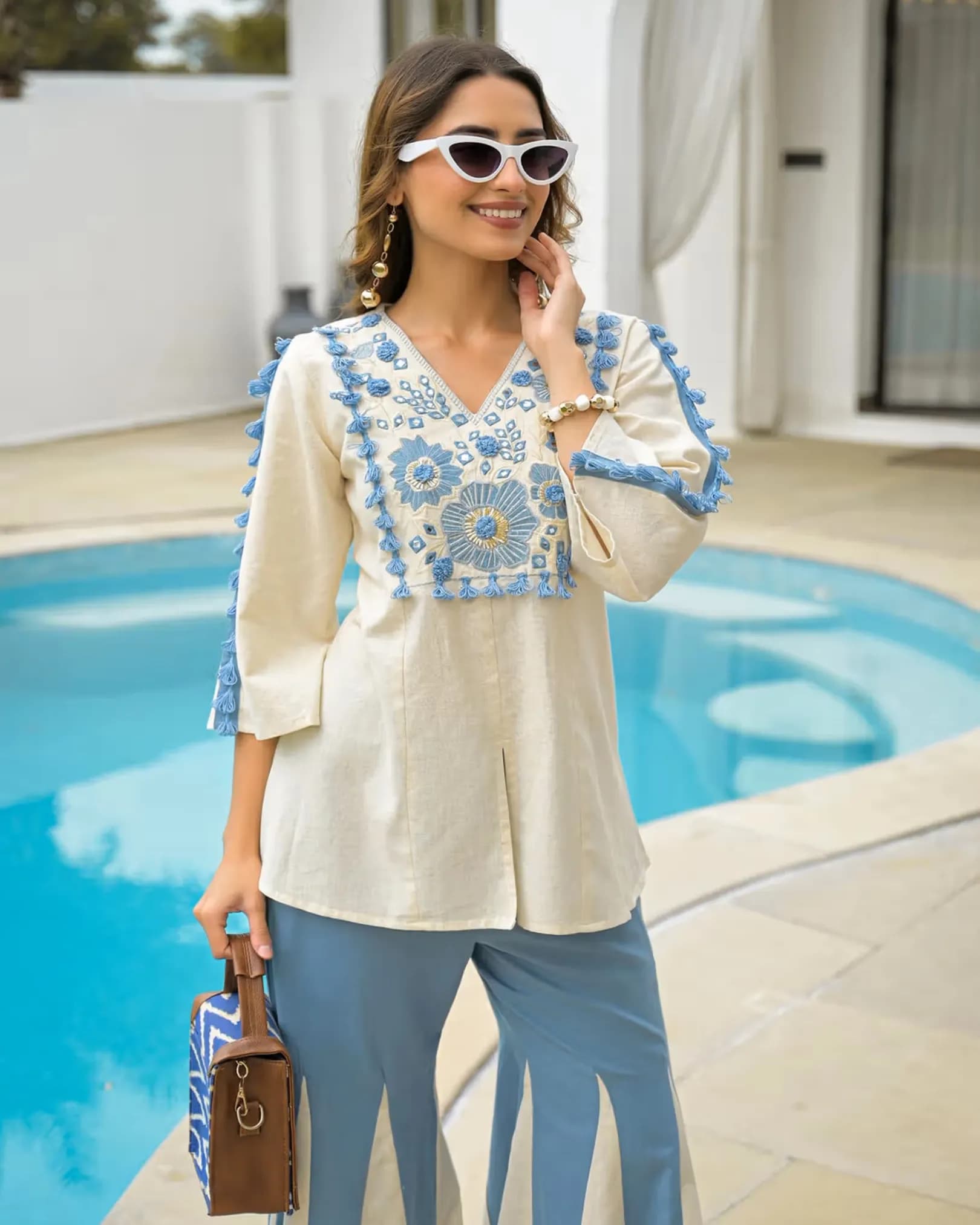 Rayon Slub Embroidered Kurta with Flared Palazzo Set alternate view