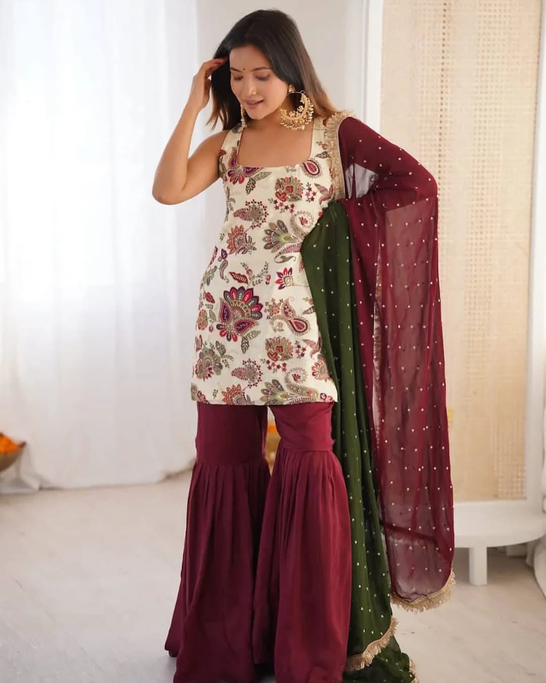 Natural Silk Embroidered Kurti Sharara Set with Georgette Dupatta