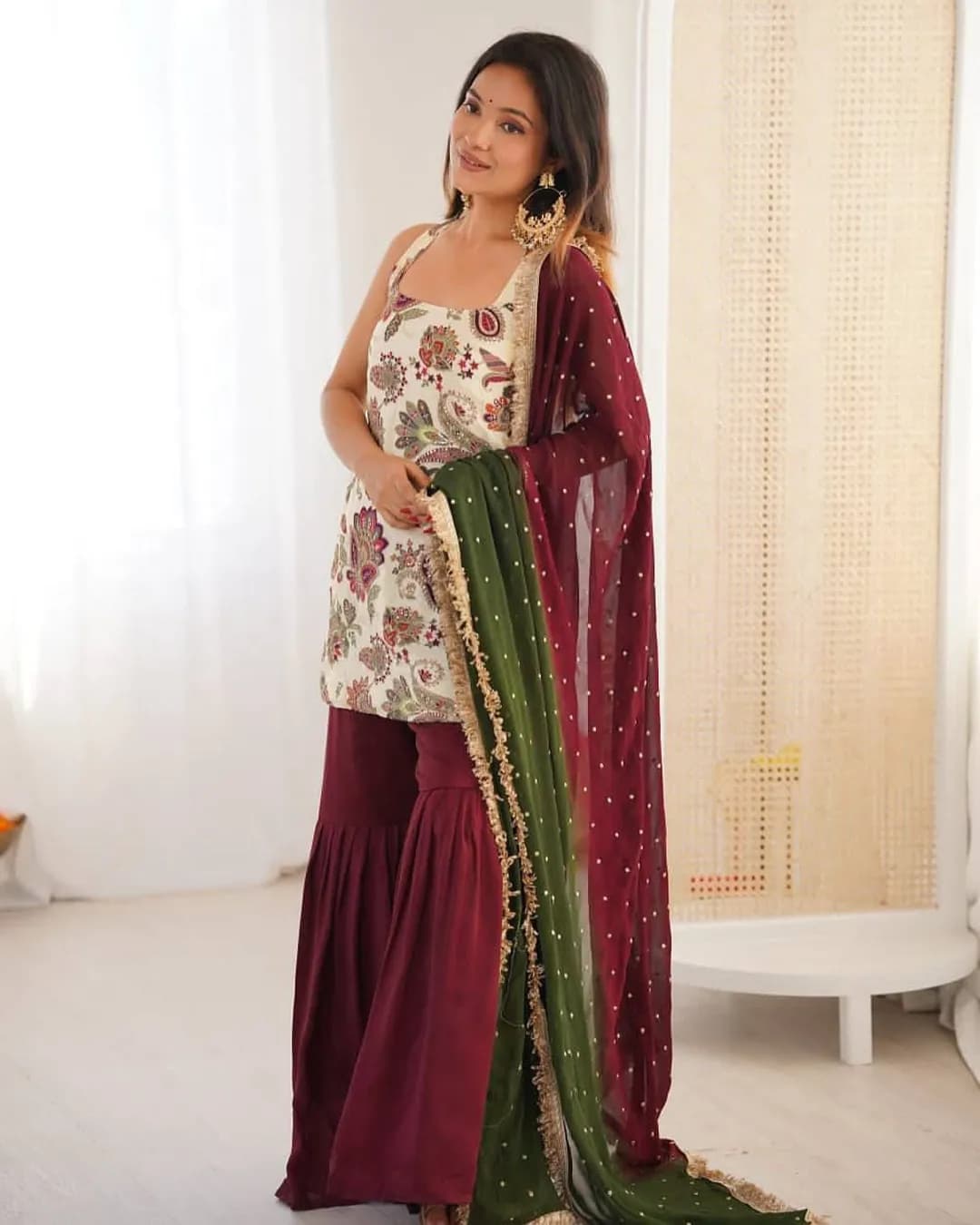 Natural Silk Embroidered Kurti Sharara Set with Georgette Dupatta alternate view