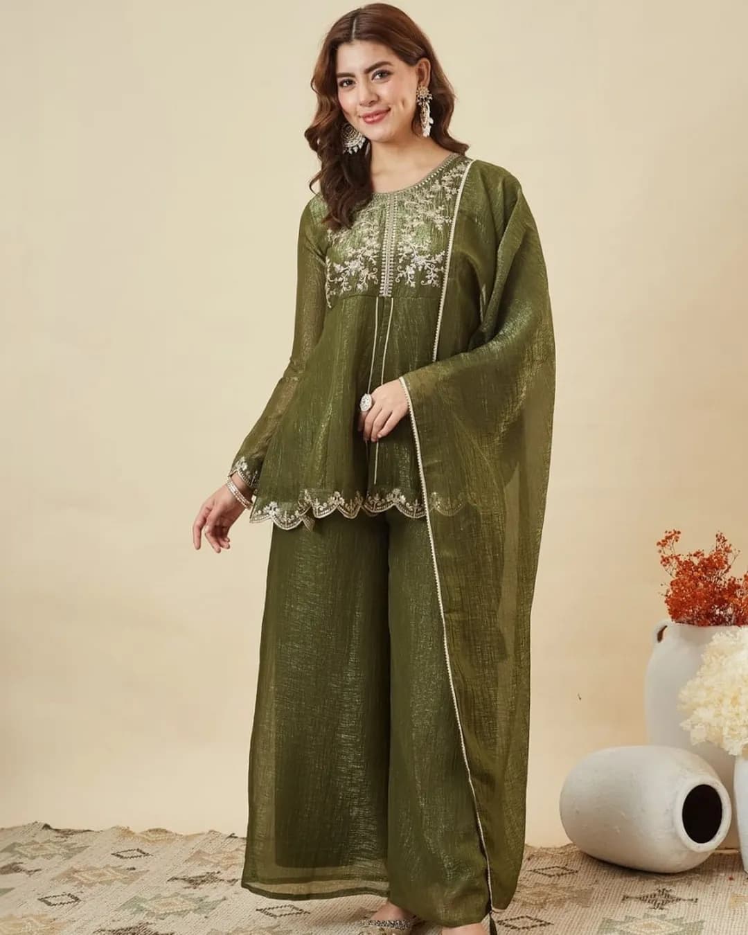Crunchy Silk Embroidered Kurti Palazzo Set with Dupatta