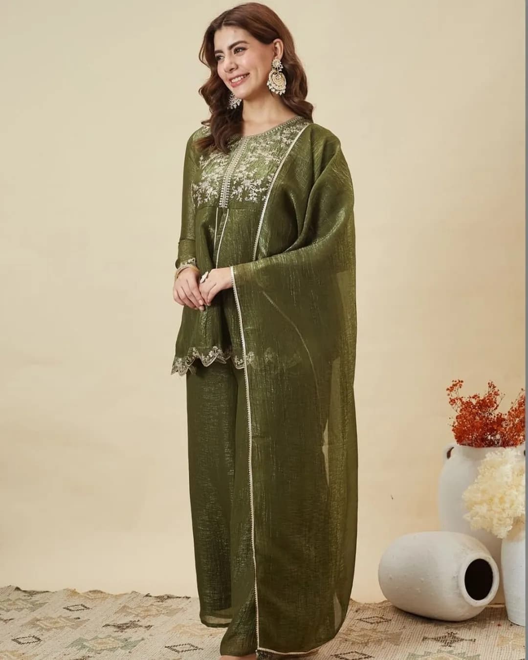 Crunchy Silk Embroidered Kurti Palazzo Set with Dupatta alternate view
