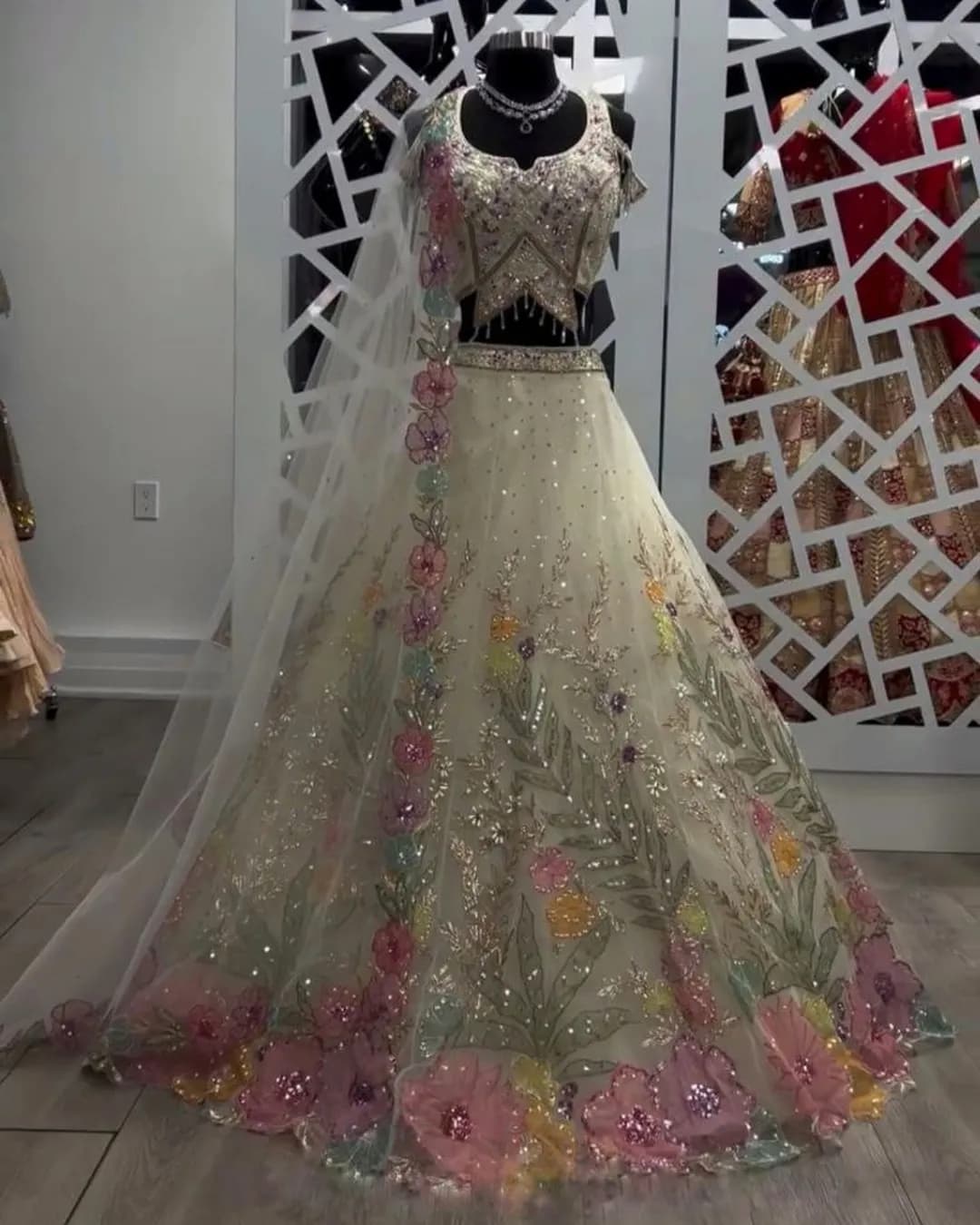 Cream Organza Silk Sequins Cutwork Lehenga Choli Set with Dupatta