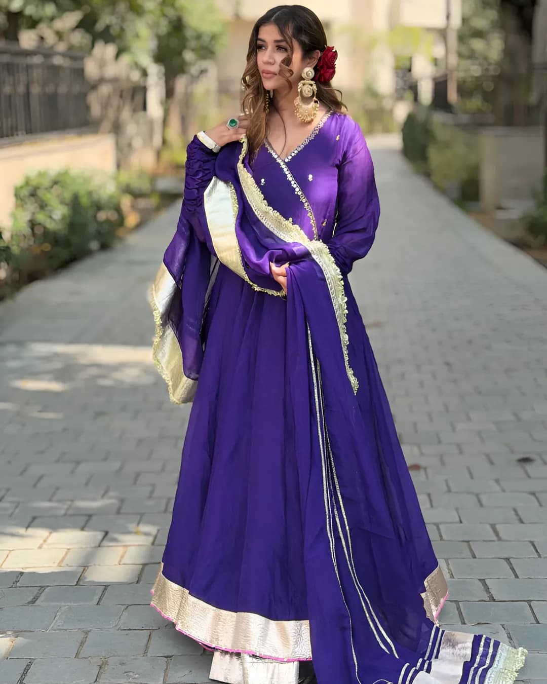 Purple Blooming Sequins Embroidered Anarkali Suit Set with Sharara & Dupatta