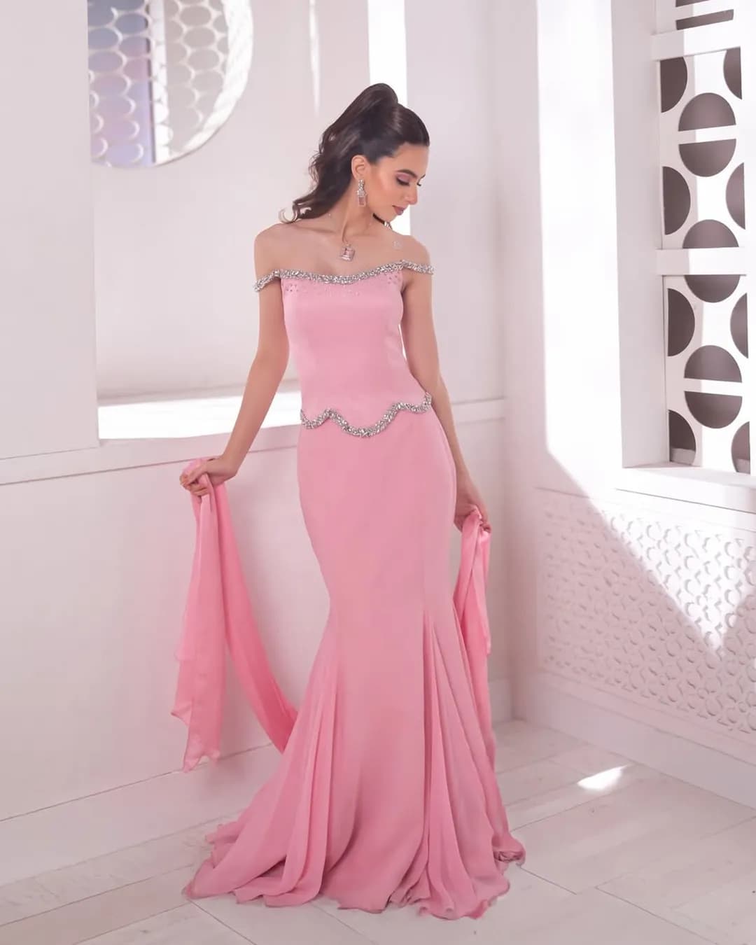 Georgette Fishcut Lehenga Set with Diamond Work Blouse & Dupatta